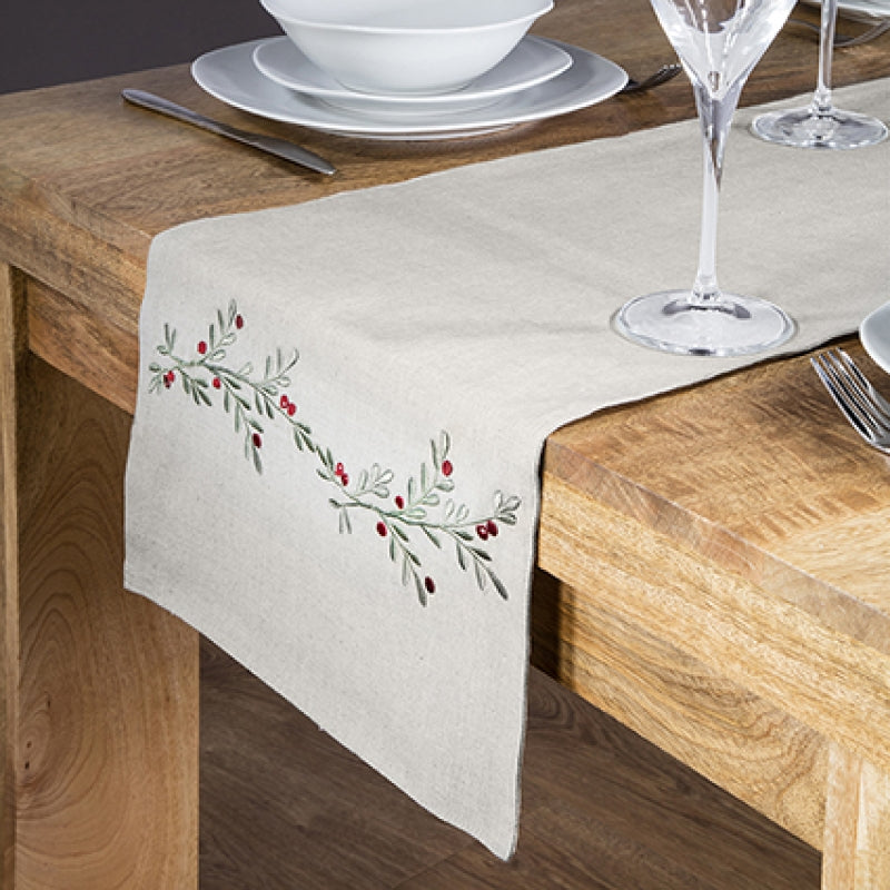 Holly Berry Embroidered Table Runner - 2 Metre