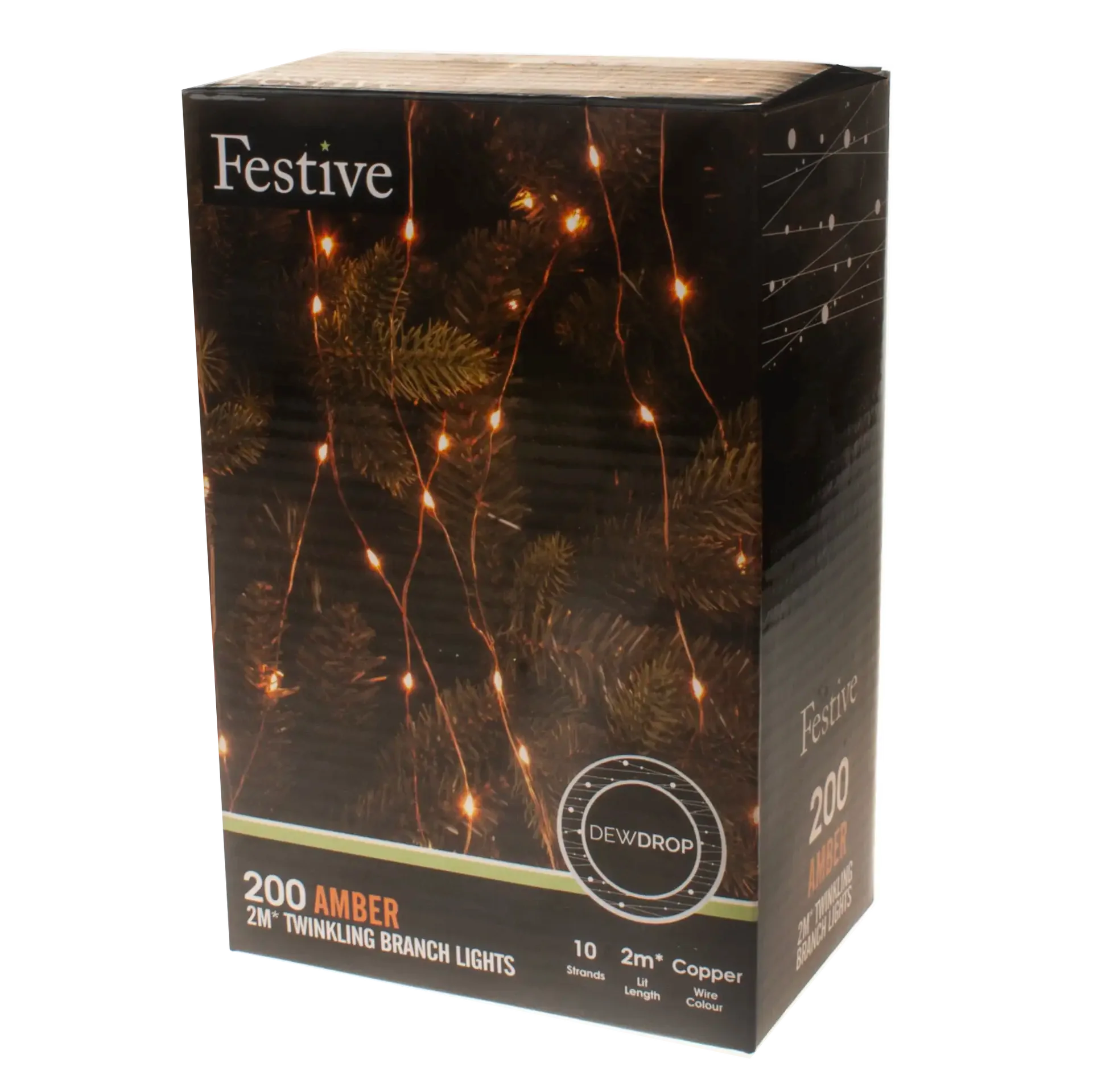 Festive 200 Amber Christmas Twinkling Dewdrop Branch Lights - 2 Metres