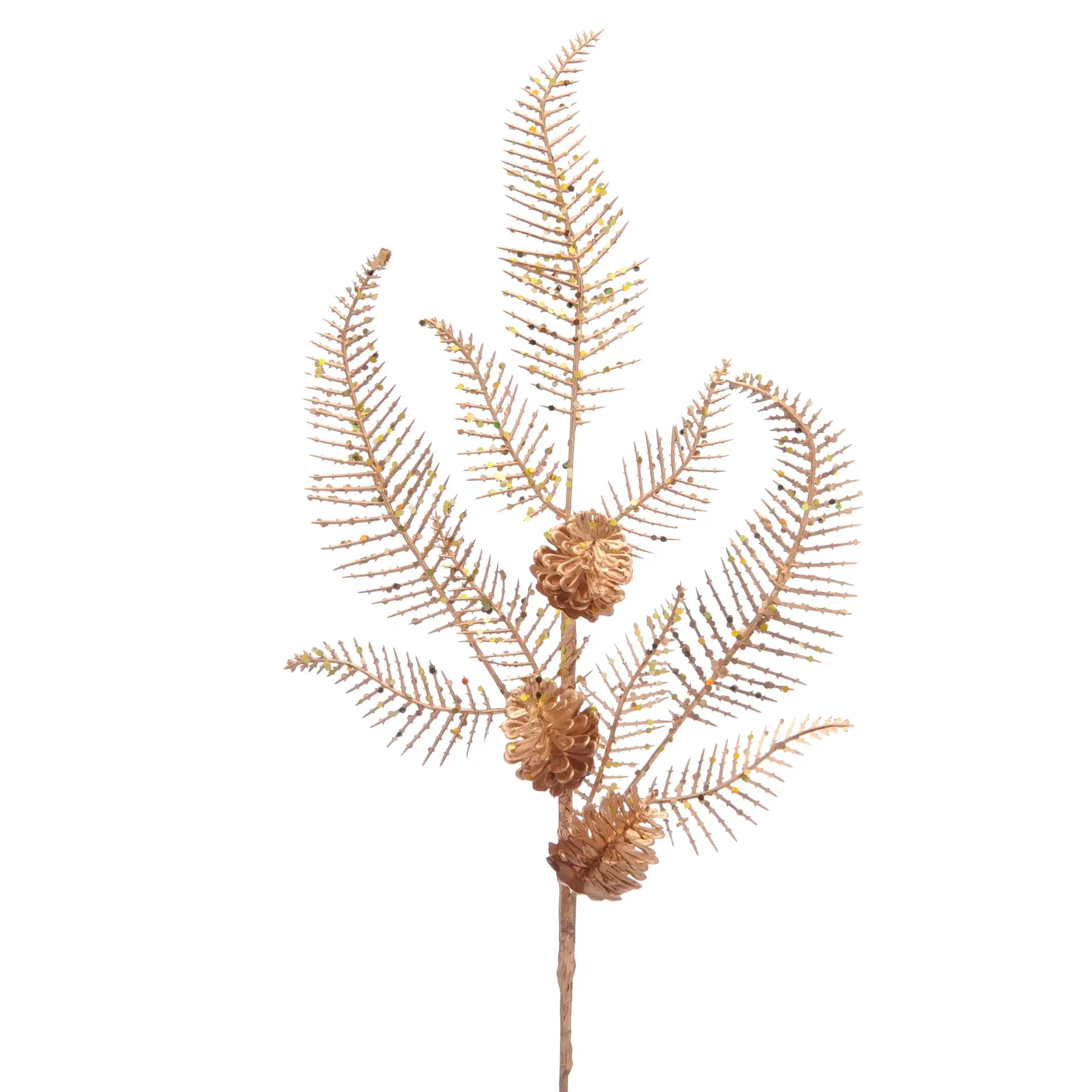 Festive 76cm Gold Glitter Fern with Pinecones Stem