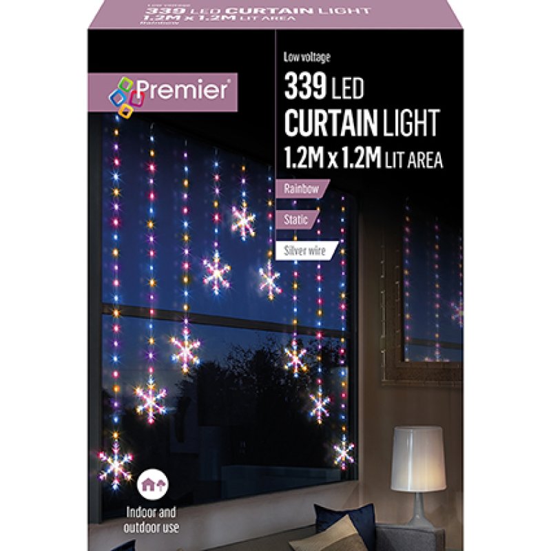 Premier Snowflake Curtain Light - 339 Rainbow LED Lights