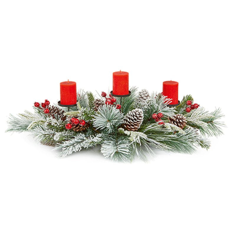 Christmas Flocked Centrepiece with Red Berries and Pine Cones - Triple Candle Holder