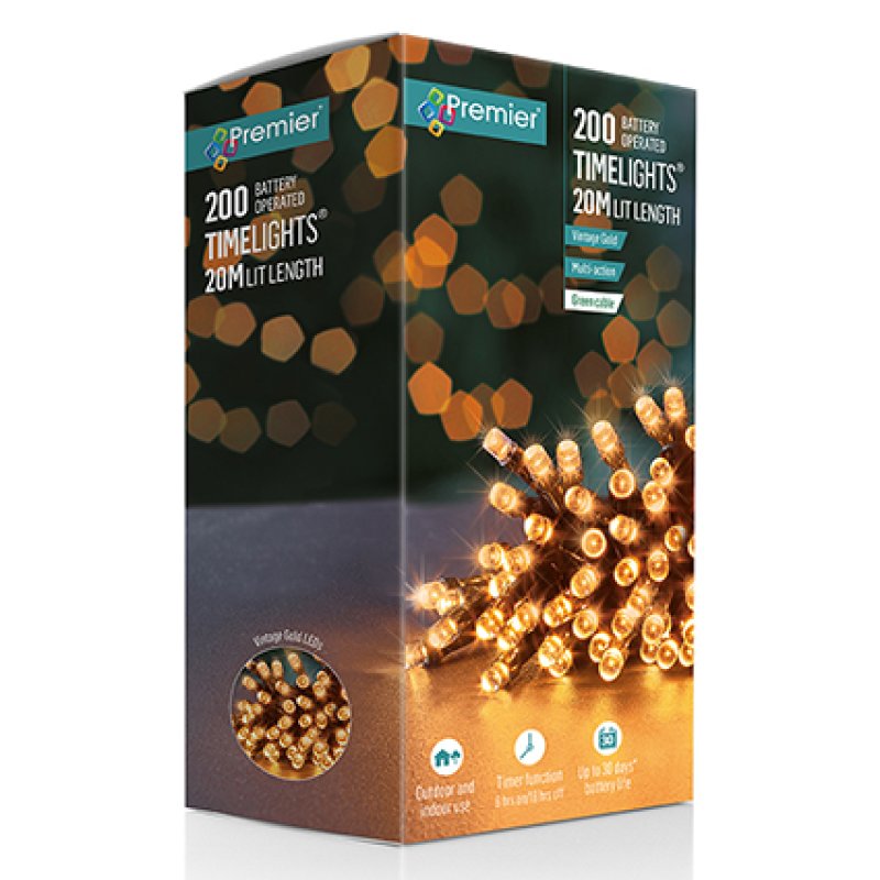 Premier Vintage Gold 200 LED Lights - Battery Operated