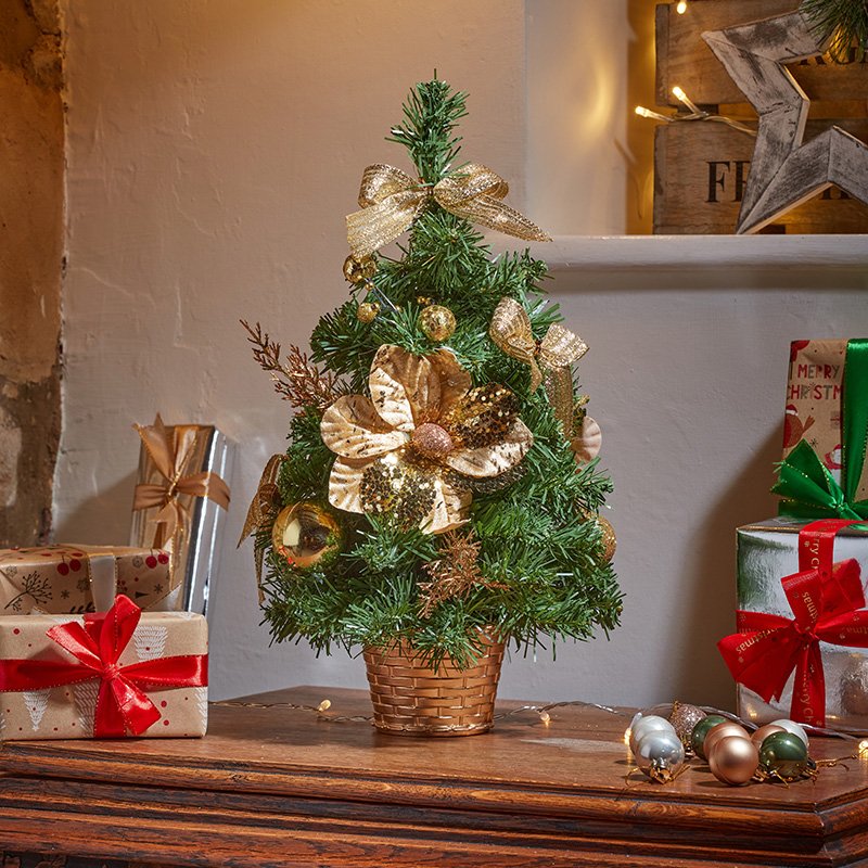 Handcrafted Table Top Christmas Tree with Golden Adornments - 40cm