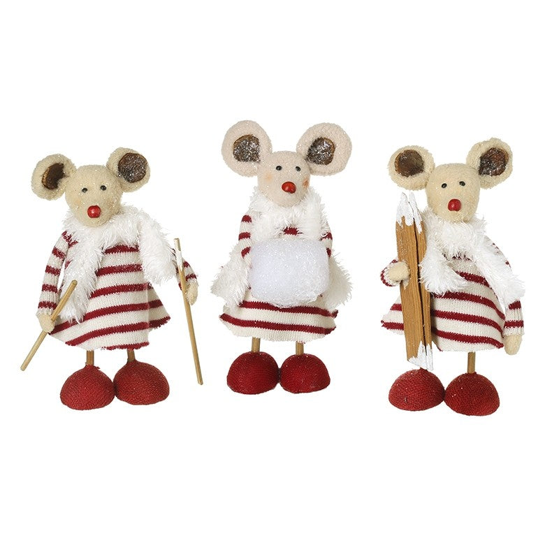Three Red & White Fabric Mice – Festive Christmas Ornaments (18cm)