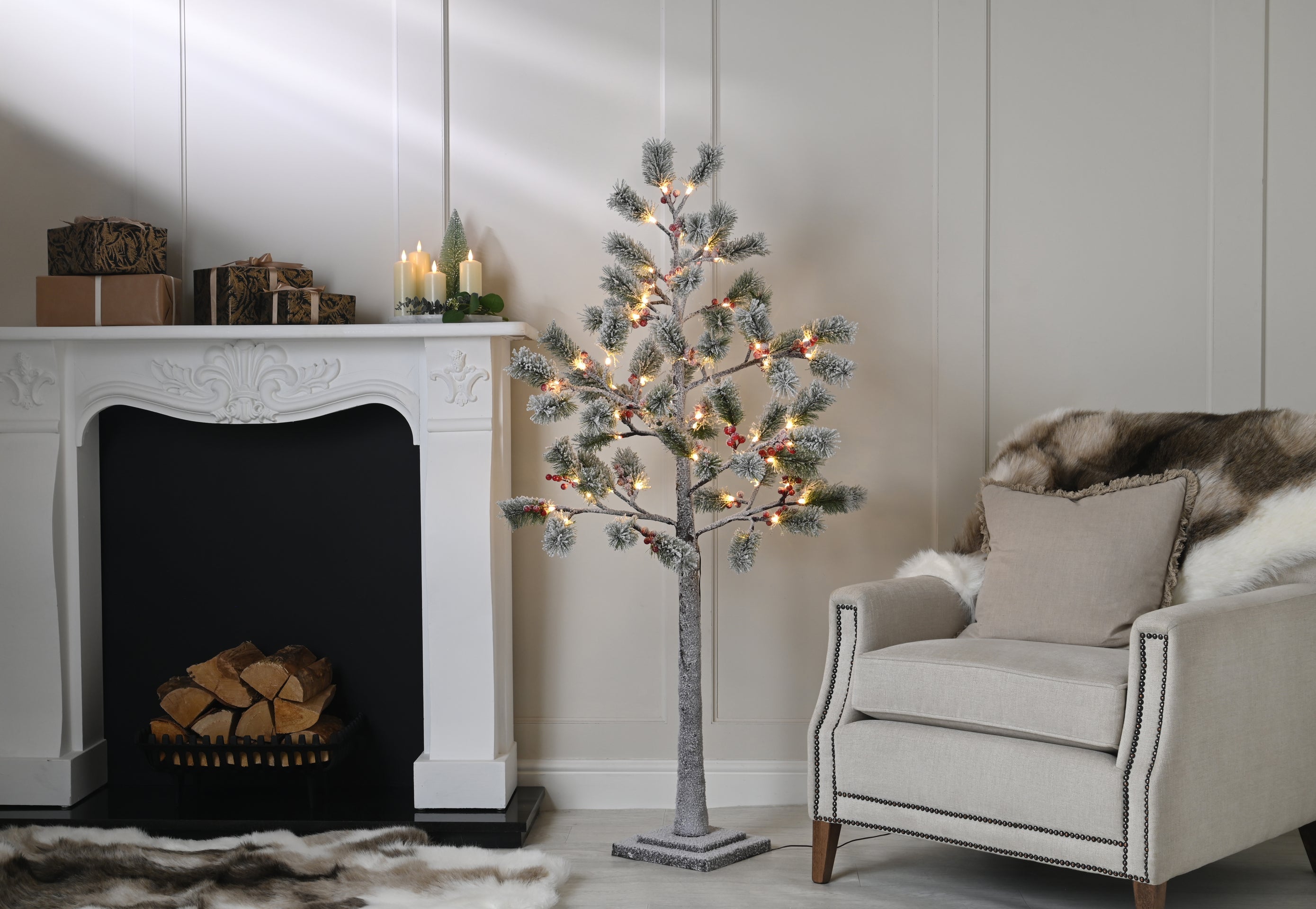Festive Flocked Berry And Pine Tree With 64 LED Lights - 150cm