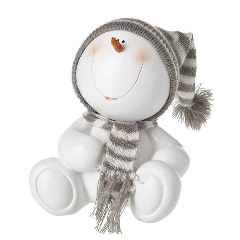 Snowkid Sitting Ornament – White Resin Snowman Decoration