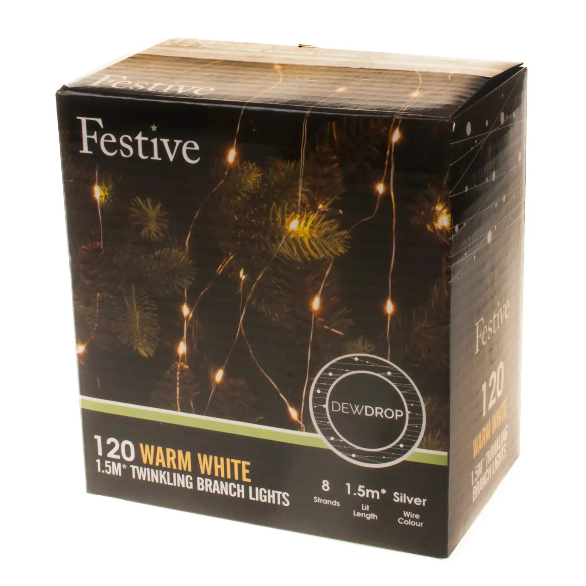Festive 120 Warm White Christmas Twinkling Dewdrop Branch Lights - 1.5 Metres