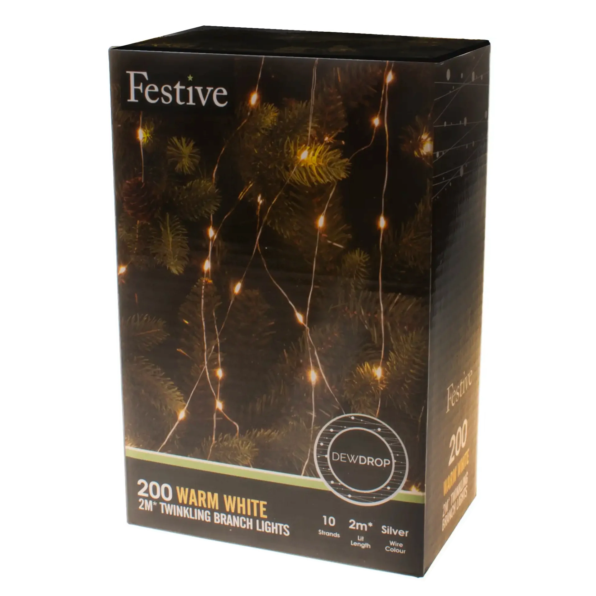 Festive 200 Warm White Christmas Twinkling Dewdrop Branch Lights - 2 Metres