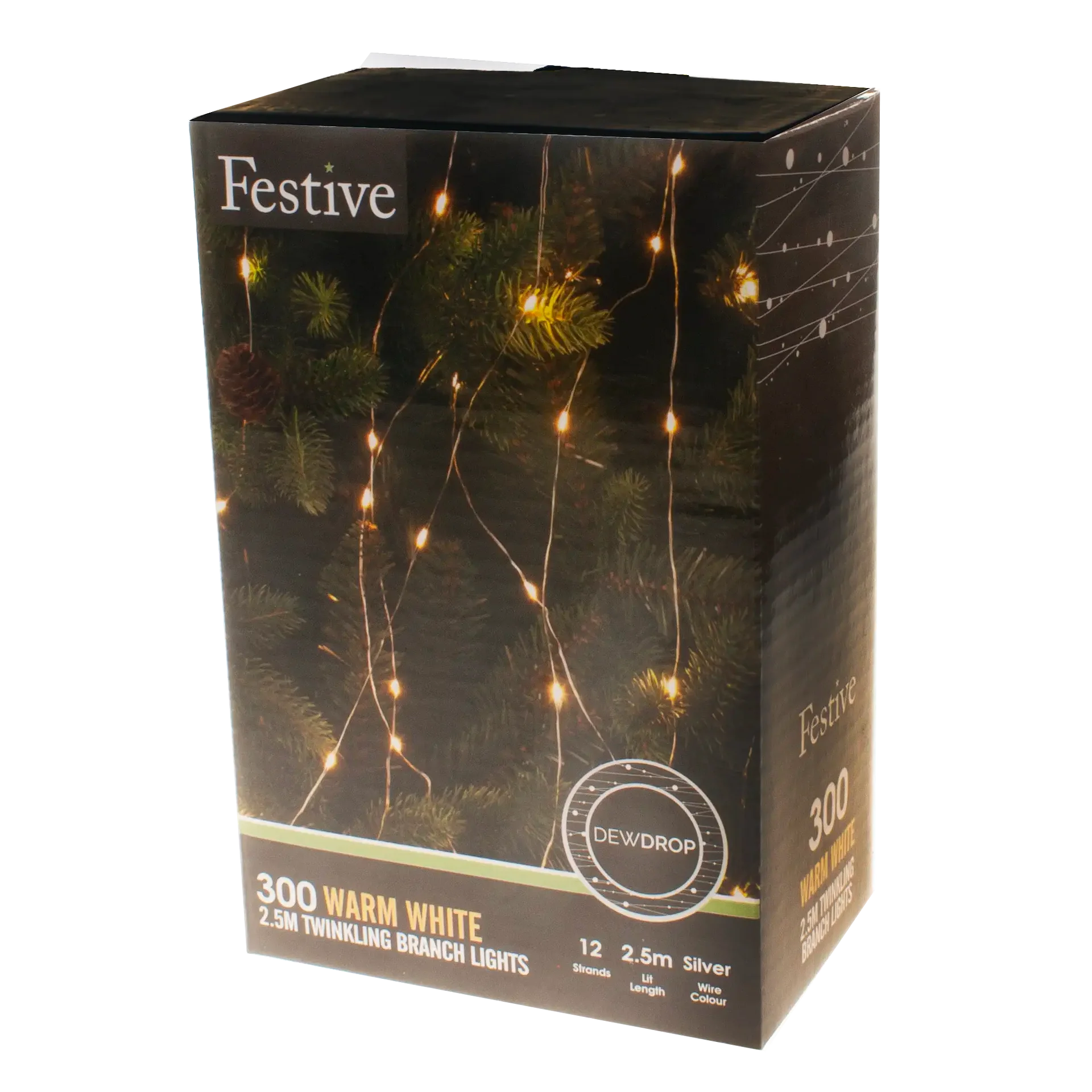 Festive 300 Warm White Christmas Twinkling Dewdrop Branch Lights - 2.5 Metres