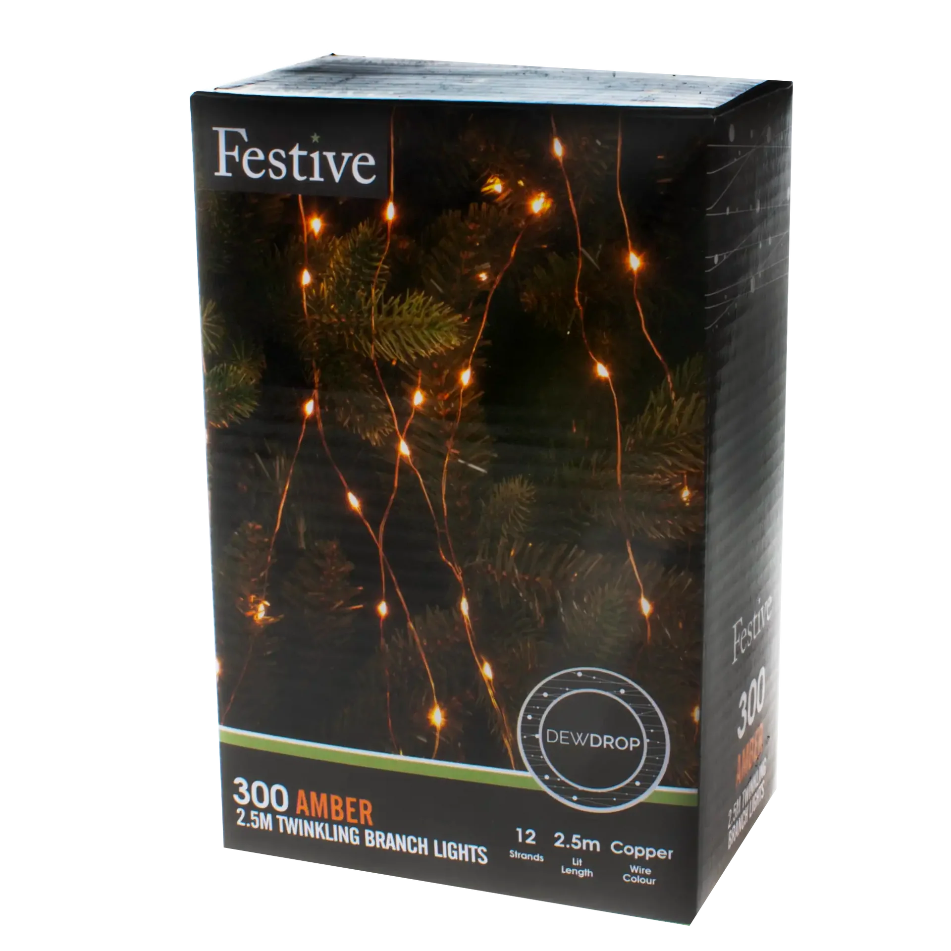 Festive 300 Amber Christmas Twinkling Dewdrop Branch Lights - 2.5 Metres